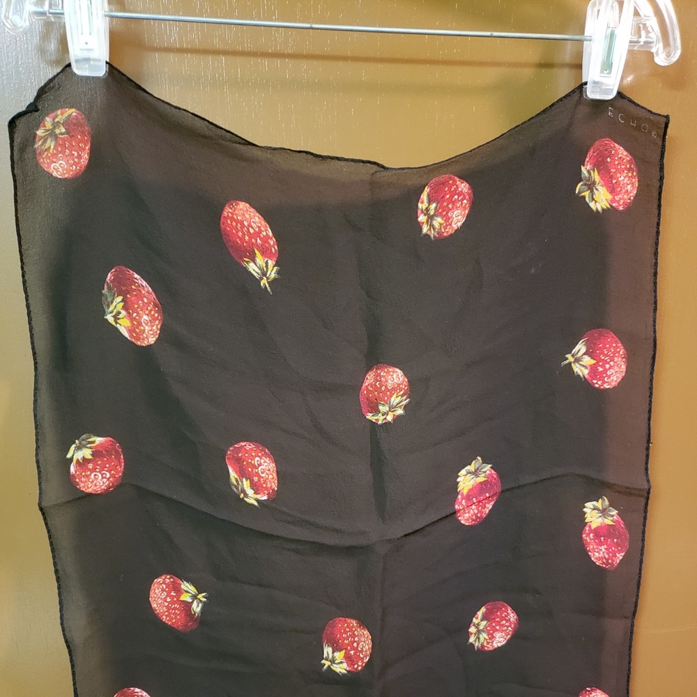 Vintage Echo scarf square, Black w/ strawberries.